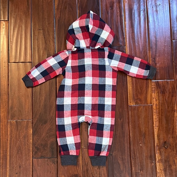 Mud Pie Red and Blue Plaid Hooded Onesie -As Is - Picture 2 of 5